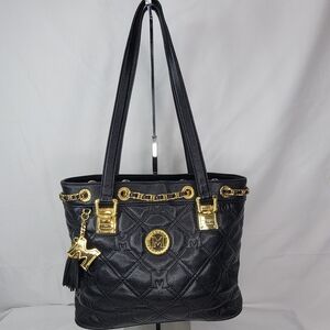 Metrocity Luxury Brand Black Quilted Tote‎ Bag with Gold Accents